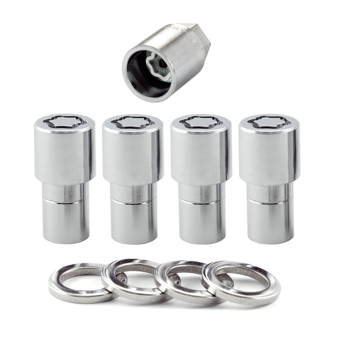 4-pack Long Shank Seat Exposed Wheel Lock Nuts <br> M12 x 1.5 Thread, 19 & 21mm Dual Hex x 1.75in L