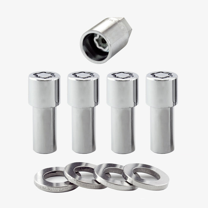 4-pack X-Long Shank Seat Exposed Wheel Lock Nuts <br> 7/16-20 Thread, 3/4 & 13/16in Dual Hex x 2.165in L