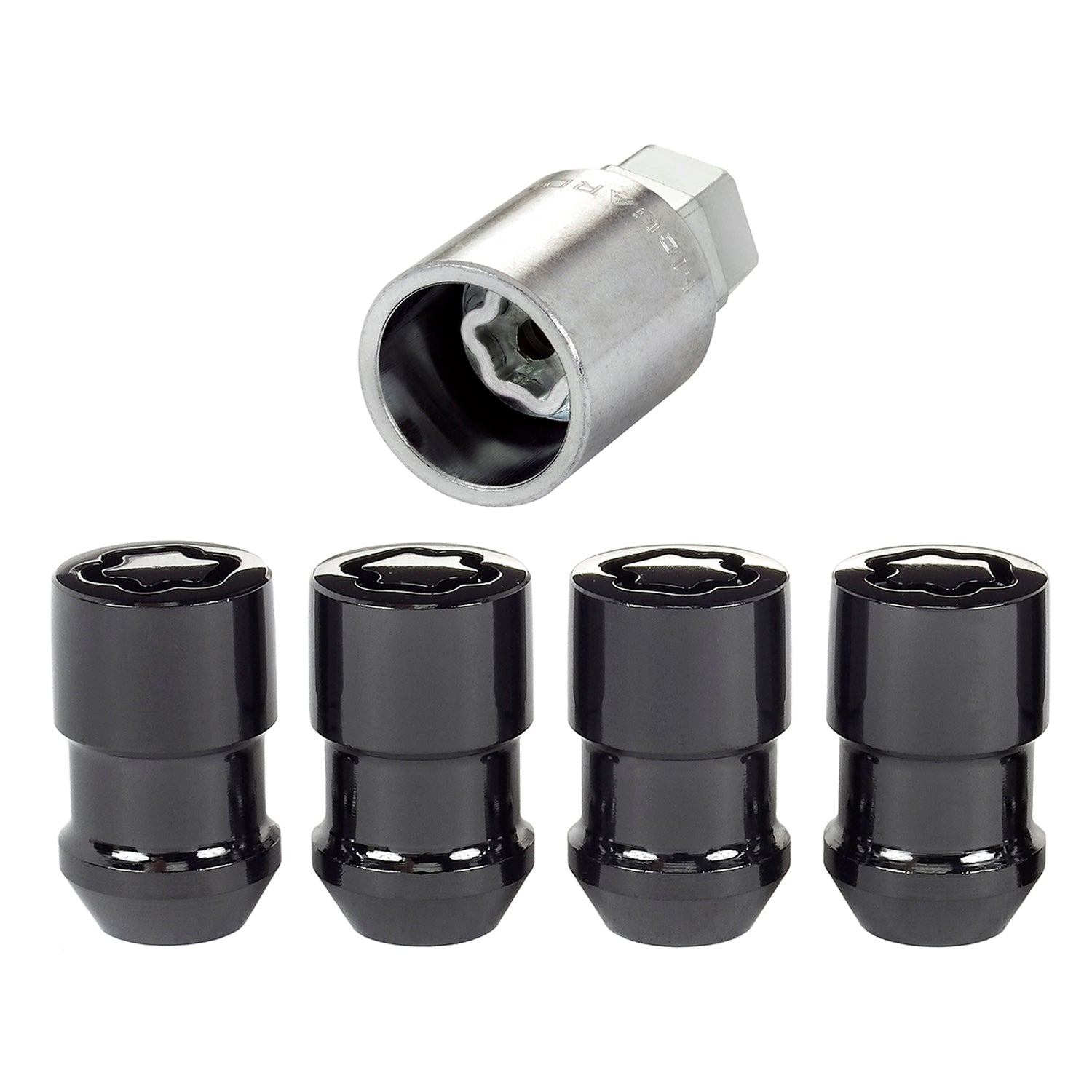 4-Pack Cone Seat Exposed Wheel Locks <br> M12 x 1.5 Thread, 19 & 21mm Dual Hex x 1.46in L