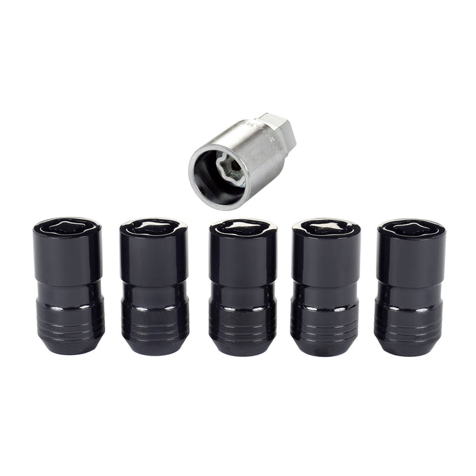 5-pack Cone Seat Exposed Style Wheel Locks <br> M14 x 1.5 Thread, 21 & 22mm Dual Hex x 1.639in L