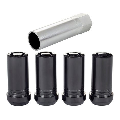 4-pack Tuner Style Cone Seat Wheel Locks <br> M14 x 1.5 Thread, 1in Hex x 1.935in L