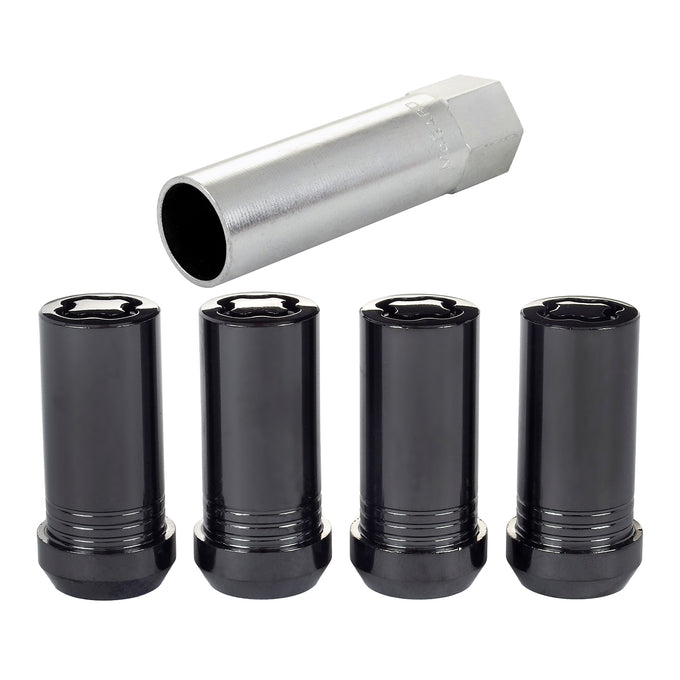 4-pack Tuner Style Cone Seat Wheel Locks <br> M14 x 1.5 Thread, 1in Hex x 1.935in L