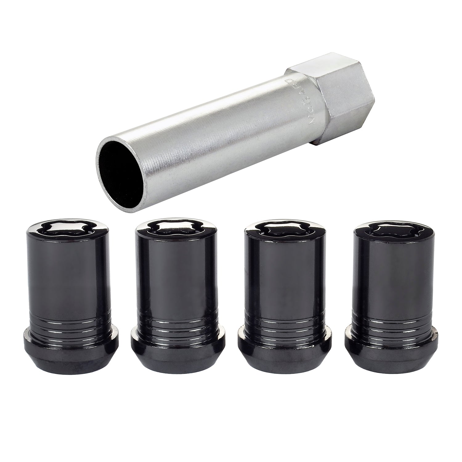 4-pack Tuner Style Cone Seat Wheel Locks <br> M12 x 1.25 Thread, 13/16in Hex x 1.24in L