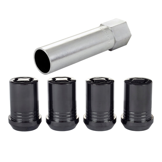 4-pack Tuner Style Cone Seat Wheel Locks <br> M12 x 1.5 Thread, 13/16in Hex x 1.24in L