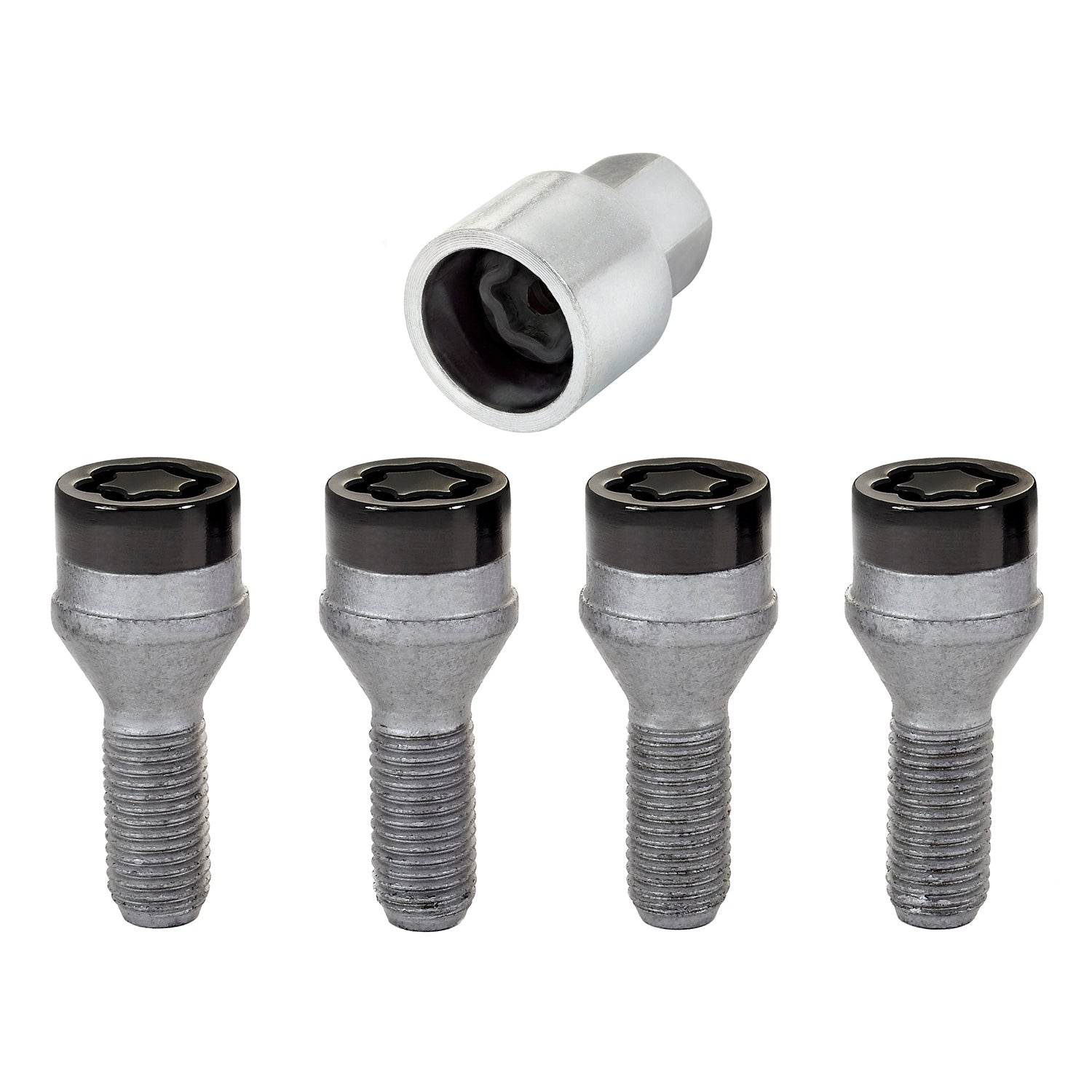 4-pack Cone Seat Style Wheel Lock Bolts <br> M12 x 1.5, 17mm Hex, 25.5mm Shank Length