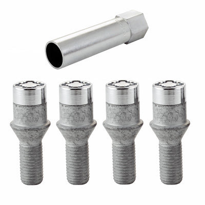 4-pack Tuner Style Cone Seat Wheel Lock Bolts <br> M12 x 1.5, 17mm Hex, 29.6mm Shank Length