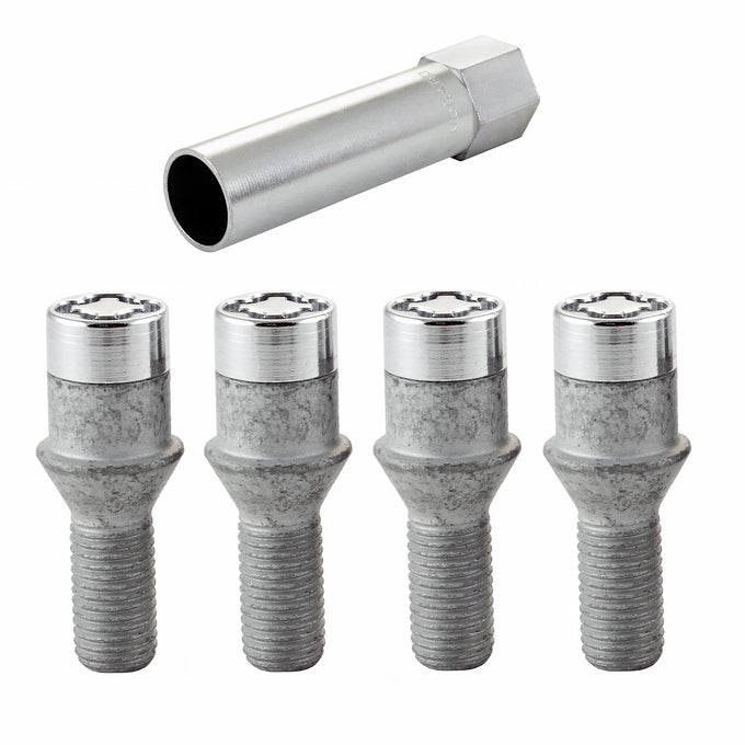 4-pack Tuner Style Cone Seat Wheel Lock Bolts <br> M12 x 1.5, 17mm Hex, 29.6mm Shank Length