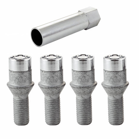 4-pack Tuner Style Cone Seat Wheel Lock Bolts <br> M12 x 1.5, 17mm Hex, 22.4mm Shank Length