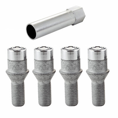 4-pack Tuner Style Cone Seat Wheel Lock Bolts <br> M12 x 1.5, 17mm Hex, 22.4mm Shank Length