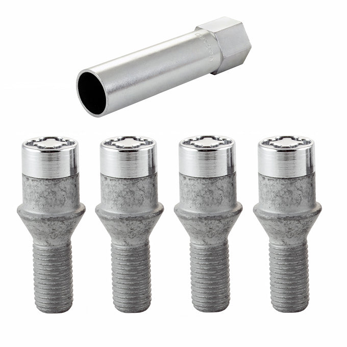 4-pack Tuner Style Cone Seat Wheel Lock Bolts <br> M12 x 1.5, 17mm Hex, 22.4mm Shank Length