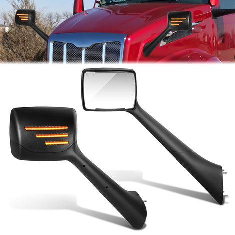 Pair Black Sequential LED Signal Bar Side Hood Mirror <br>22-25 Peterbilt 579