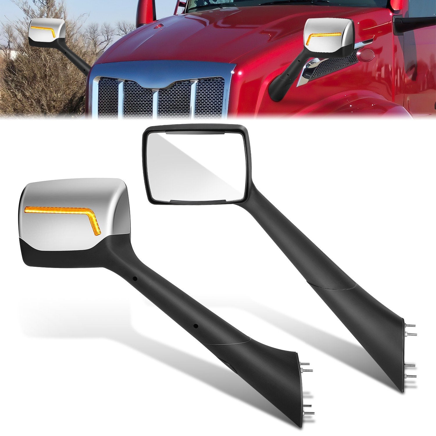 Sequential Check Mark Signal Side View Hood Mirrors <br>22-25 Peterbilt 579
