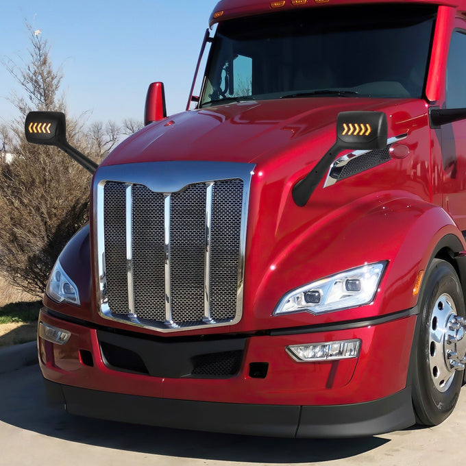 Pair Sequential Chevron Arrow Signal Side Hood Mirrors <br>22-25 Peterbilt 579