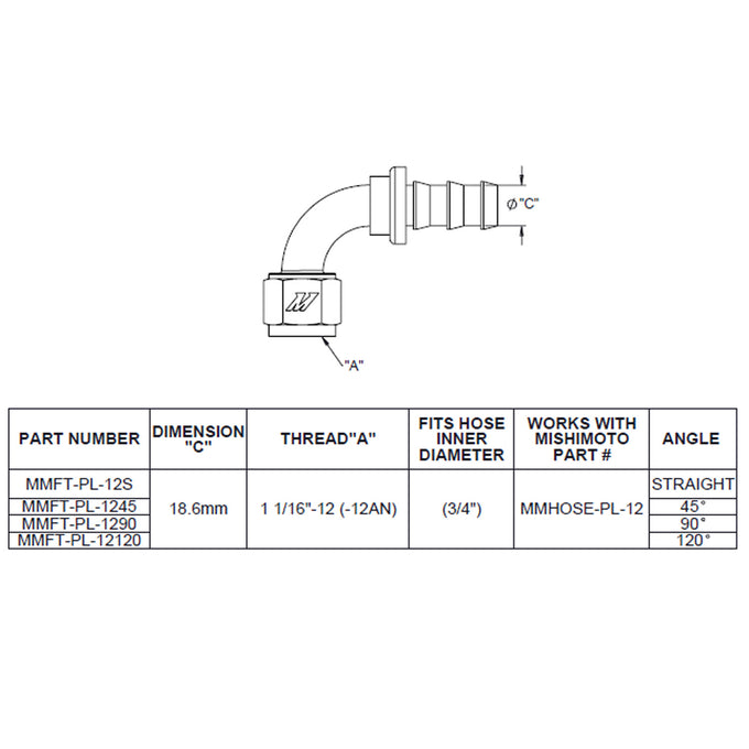 90-Degree Push Lock Fitting -12AN <br> Universal Fit