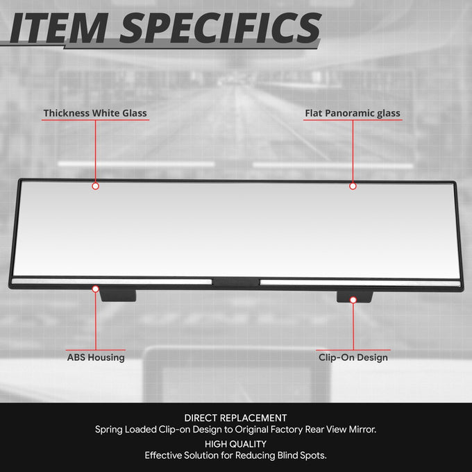 Clip-On Flat Panoramic Broad Rear View Mirror <BR> 11 in. X 3 in. X 1 in.