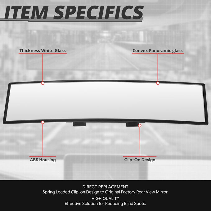 Clip-On Convex Panoramic Broad Rear View Mirror <BR> 11.8 in. X 3 in. X 1 in.
