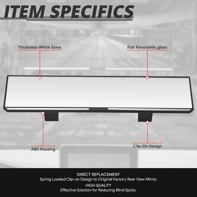 Clip-On Flat Panoramic Broad Rear View Mirror <BR> 11.8 in. X 3 in. X 1 in.