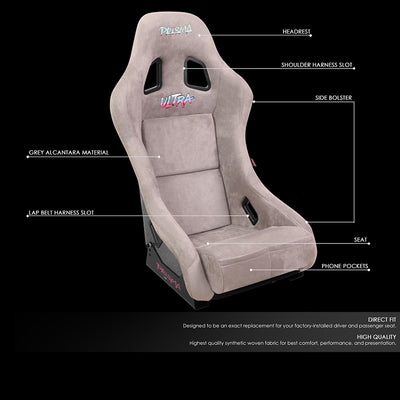 20 W X 34 H X 16 in.D ULTRA Prisma Grey Alcantara Fixed Back Racing Seat<br>Universal