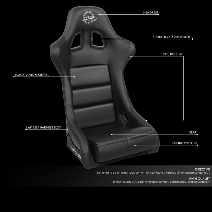 20 W X 36 H X 18.5 in.D Medium Size Black Vinyl Fixed Back Bucket Racing Seat<br>Universal