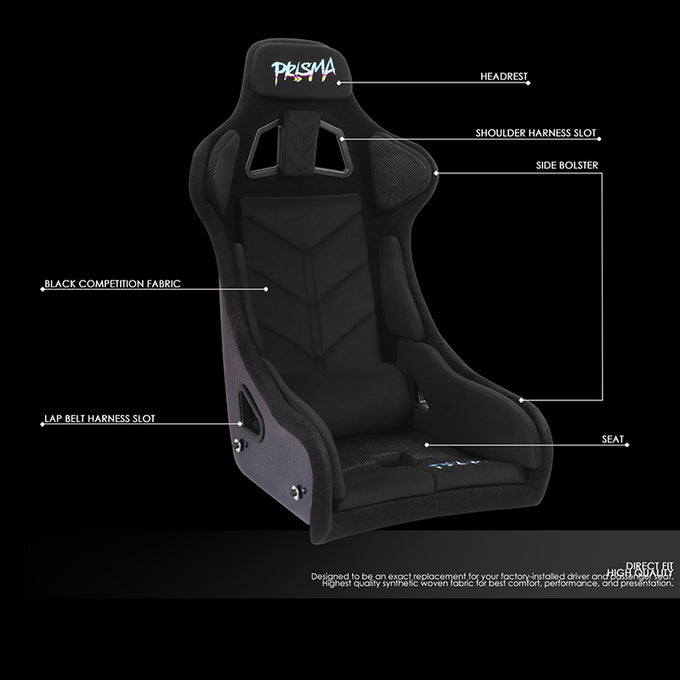 Prisma Black Sparkled Fiberglass Bucket Racing Seat <br> Oversall DImension(in.): 19 L X 18 W X 34.5 H
