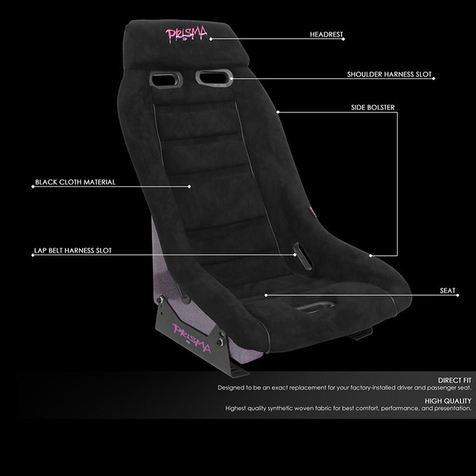 Black Vegan Suede Bucket Racing Seat <br> Seat Dimensions (in.): 20 W X 32 H X 20 D