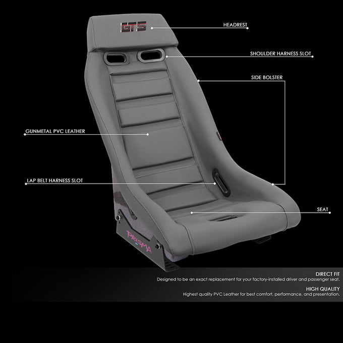 Gun Metal Colored Vegan Leather Bucket Racing Seat <br> Seat Dimensions (in.): 20 W X 32 H X 20 D