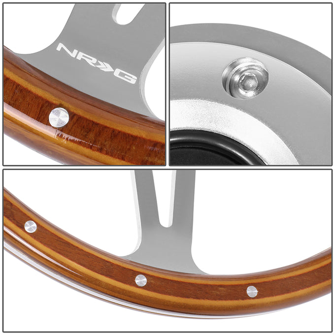 380mm 1 in. Dish Mahogany Wrapped Steering Wheel <br> Fits with 6 X 70mm Bolt Pattern