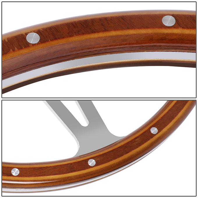 380mm 1 in. Dish Mahogany Wrapped Steering Wheel <br> Fits with 6 X 70mm Bolt Pattern