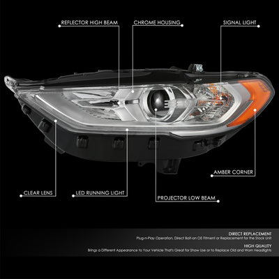 LED DRL Projector Headlight (Left) <BR> 17-20 Ford Fusion