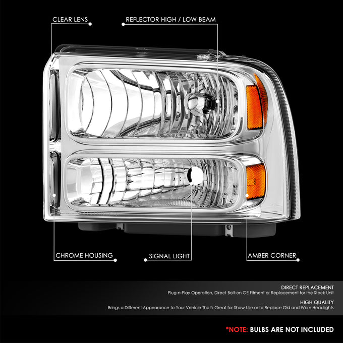 Factory Style Headlights (Chrome) <br> 99-04 Ford F250 F350 Super Duty, Excursion