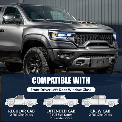 Front Driver Left Door Window Tempered Glass<br>09-18 Dodge Ram 1500, 19-24 Classic, 10-18 2500 3500
