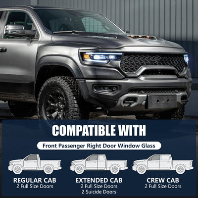Front Passenger Right Door Window Tempered Glass<br>09-18 Dodge Ram 1500, 19-24 Classic, 10-18 2500 3500