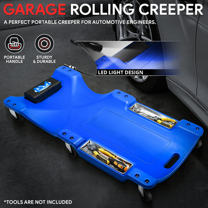 40 in. L Rolling Plastic Mechanic Creeper W/LED Light <br> 6Pcs 360-Degree Swivel Casters