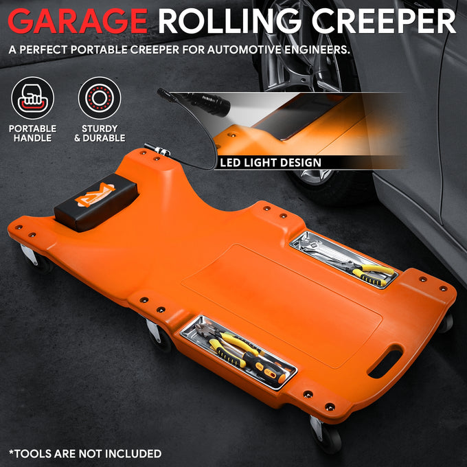 40 in. L Rolling Plastic Mechanic Creeper W/LED Light <br> 6Pcs 360-Degree Swivel Casters