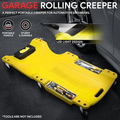 40 in. L Rolling Plastic Mechanic Creeper W/LED Light <br> 6Pcs 360-Degree Swivel Casters