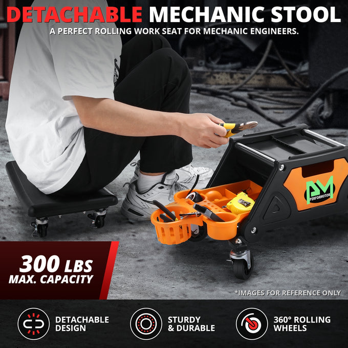 Multifunction Mechanic Rolling Stool W/Tool tray <br> Overall Dimension: 25-1/2 in. L x 13 in. H x 12 in. W