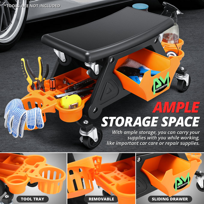 Multifunction Mechanic Rolling Stool W/Tool tray <br> Overall Dimension: 25-1/2 in. L x 13 in. H x 12 in. W
