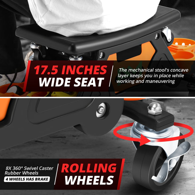 Multifunction Mechanic Rolling Stool W/Tool tray <br> Overall Dimension: 25-1/2 in. L x 13 in. H x 12 in. W