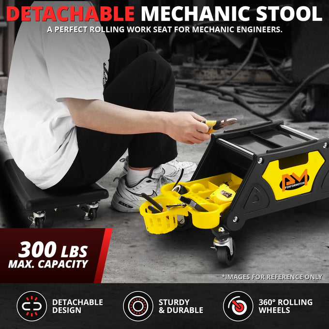 Multifunction Mechanic Rolling Stool W/Tool tray <br> Overall Dimension: 25-1/2 in. L x 13 in. H x 12 in. W
