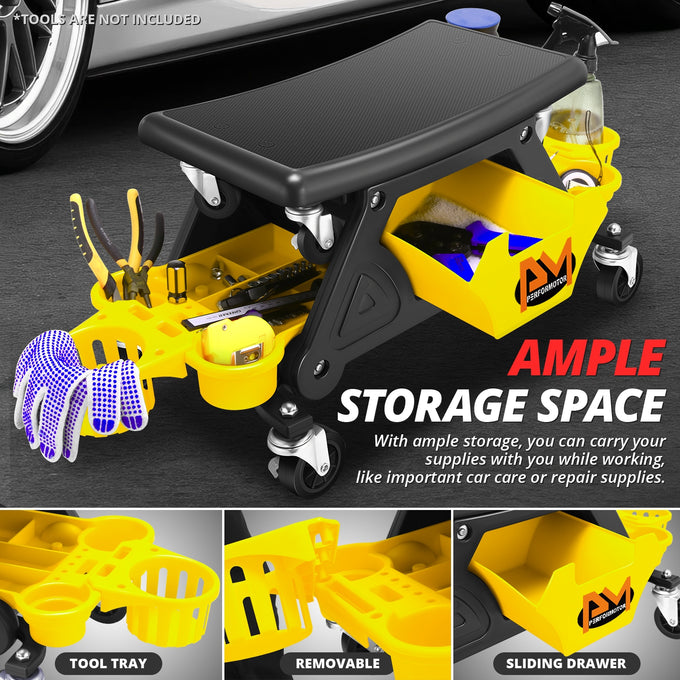 Multifunction Mechanic Rolling Stool W/Tool tray <br> Overall Dimension: 25-1/2 in. L x 13 in. H x 12 in. W