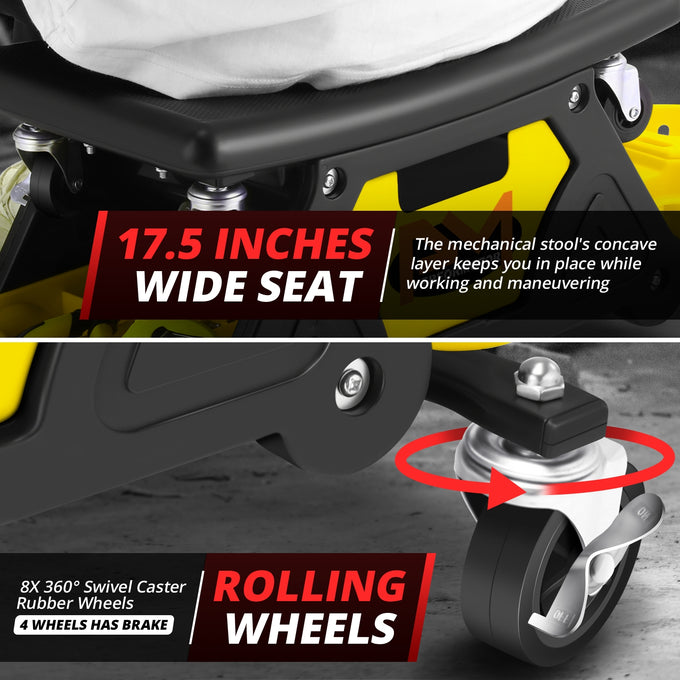 Multifunction Mechanic Rolling Stool W/Tool tray <br> Overall Dimension: 25-1/2 in. L x 13 in. H x 12 in. W