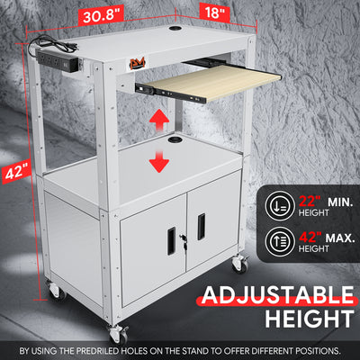 Adjustable Rolling Storage Cart w/Cabinet & Power <br> Dimension (in.): 30.8 L X 18 W X 42 H
