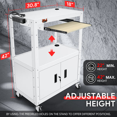 Adjustable Rolling Storage Cart w/Cabinet & Power <br> Dimension (in.): 30.8 L X 18 W X 42 H