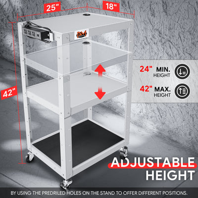 3-Tier Adjustable Rolling Steel AV Cart w/Power <br> DImension: 25 in. L X 18 in. W X 42 in. H