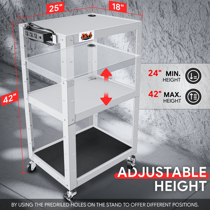 3-Tier Adjustable Rolling Steel AV Cart w/Power <br> DImension: 25 in. L X 18 in. W X 42 in. H