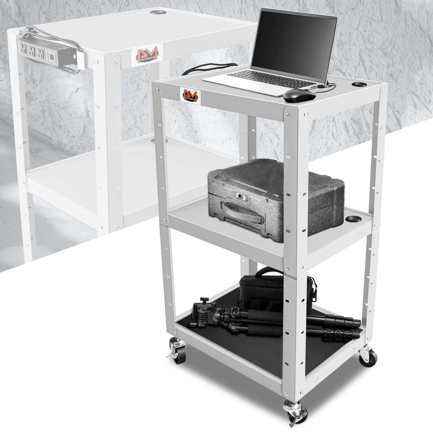 3-Tier Adjustable Rolling Steel AV Cart w/Power <br> DImension: 25 in. L X 18 in. W X 42 in. H