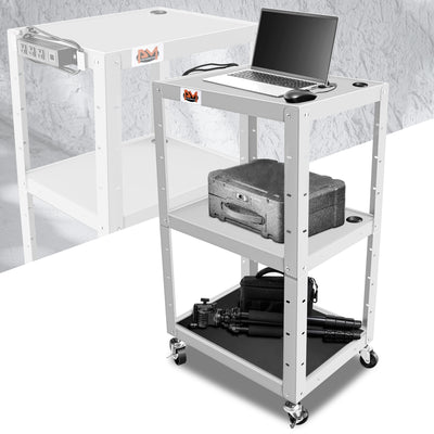 3-Tier Adjustable Rolling Steel AV Cart w/Power <br> DImension: 25 in. L X 18 in. W X 42 in. H