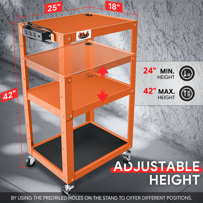 3-Tier Adjustable Rolling Steel AV Cart w/Power <br> DImension: 25 in. L X 18 in. W X 42 in. H