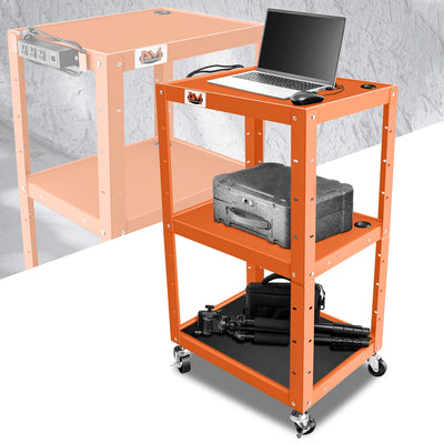 3-Tier Adjustable Rolling Steel AV Cart w/Power <br> DImension: 25 in. L X 18 in. W X 42 in. H