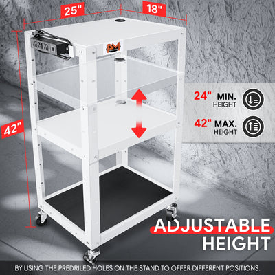 3-Tier Adjustable Rolling Steel AV Cart w/Power <br> DImension: 25 in. L X 18 in. W X 42 in. H